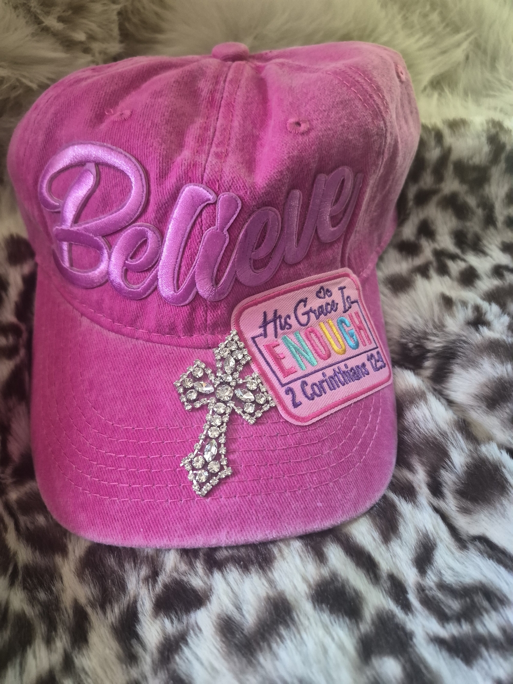 Believe Pink Baseball Cap with Cross Patch
